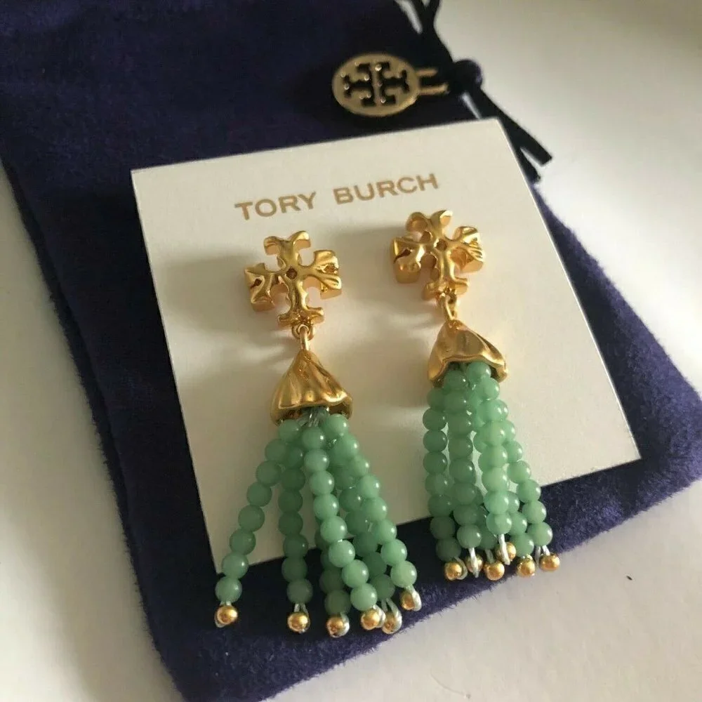 Tory Burch Roxanne Tassel Drop Earrings Mint Green Beaded Gold Tone Statement